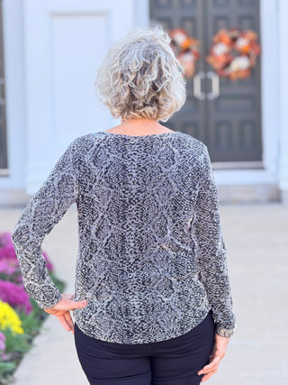 LONG SLEEVE METALLIC TEXTURED KNIT TOP Cathys Place