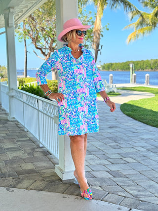 SPLASH OF PINK RUFFLE NECK DRESS