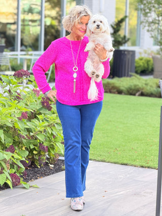 Women's Luster Chenille V-Neck Cable Sweater FUSHIA Cathys Place