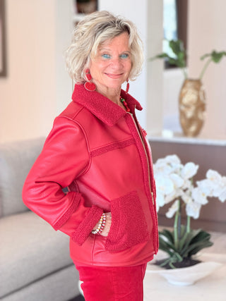 Women's Faux Leather Shearling Zip Front Jacket RED Cathys Place