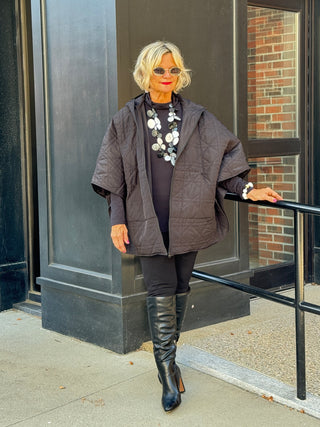 Oversize Quilted Puffer Hood Cape Poncho BLACK