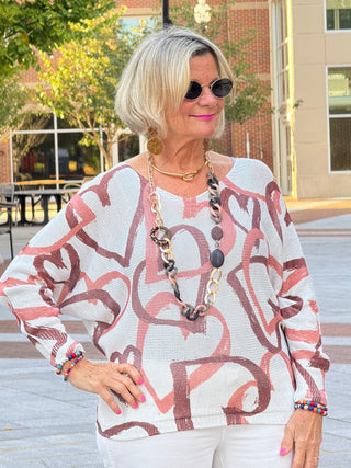 One Size Beige Heart Printed Knitted Sweater