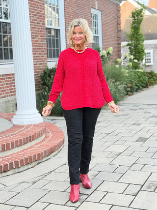 Women's Luster Chenille V-Neck Cable Sweater RED Cathys Place