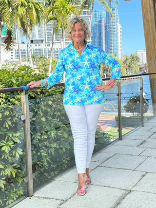 LULU B STARFISH SPLASH 3/4 SLEEVE V-NECK COLLAR SHIRT