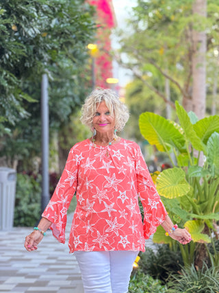 Women's Mellow Multi Starfish Puff Print Flutter Sleeve Top Cathys Place