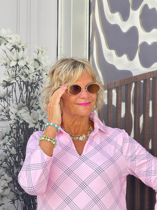 LULU B PINK CHIC 3/4 SLEEVE V-NECK COLLAR SHIRT