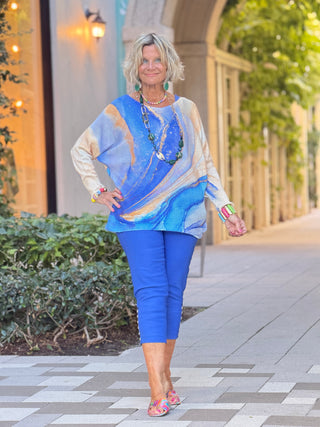 EMBELLISHED  LATTICE CAPRI COBALT LULU-B