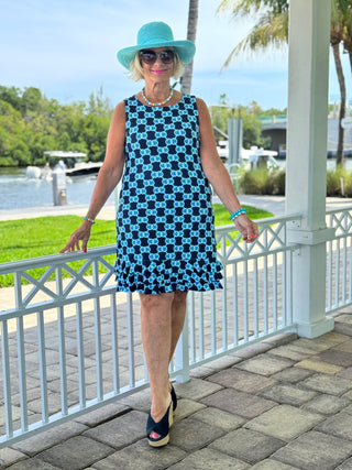 LULU B NAVY MEDALLION SHIFT RUFFLE DRESS