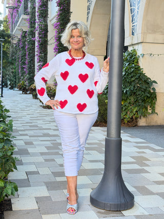 LULU B WHITE FUZZY HEART SWEATER