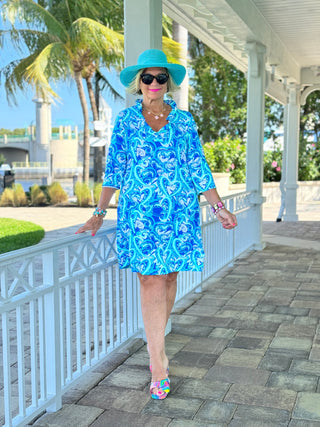 BLUE HEART DREAMING RUFFLE NECK DRESS