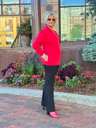 Crystal Zipper Cardigan with Collar Red