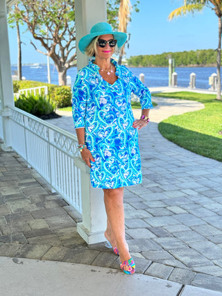 BLUE DREAMING HEART RUFFLE NECK DRESS