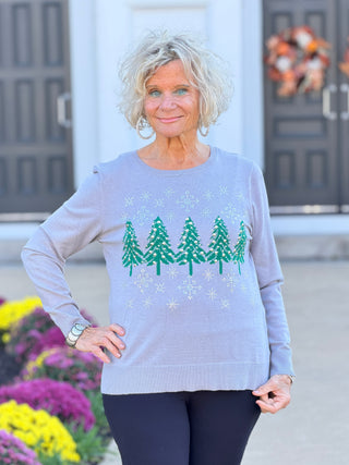 Women's Jacquard Trees Crystal Embellished Sweater Cathys Place