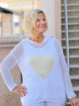 Fishnet Hoodie Sweater With Gold Heart - White CHARLIE B