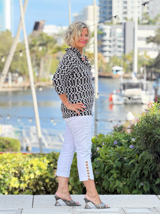 LULU B MIDNIGHT TRELLIS RUFFLE SLEEVE TOP LULU-B