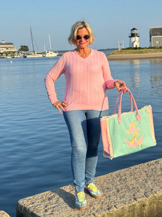Cable-Knit Cotton PINK  V-Neck Sweater
