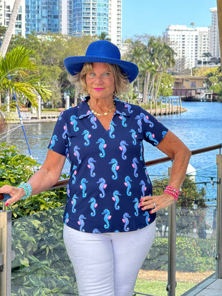 LULU B MIDNIGHT REEF SHORT SLEEVE V-NECK COLLAR TOP
