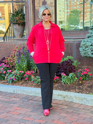 Crystal Zipper Cardigan with Collar Red