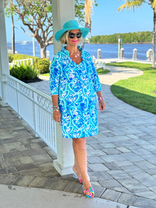 BLUE HEART DREAMING RUFFLE NECK DRESS