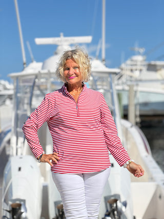 NAUTICAL RED STRIPED HALF ZIPPER TOP LULU-B