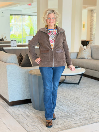 Women's Portrait Collar Velveteen Zip Front Jacket COCOA Cathys Place