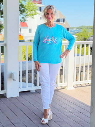 BEACH CLUB AQUA SAILBOAT SWEATER LULU-B