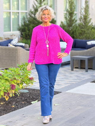 Women's Luster Chenille V-Neck Cable Sweater FUSHIA Cathys Place