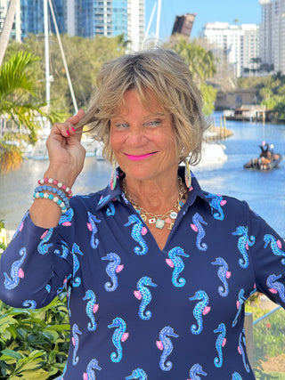 LULU B MIDNIGHT REEF 3/4 SLEEVE V-NECK COLLAR SHIRT