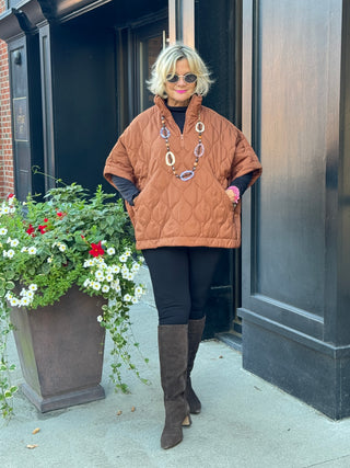 Stand Up Collar Quilted Cape Poncho Jacket RUST