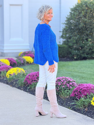 Women's Luster Chenille V-Neck Cable Sweater SAFFIRE Cathys Place
