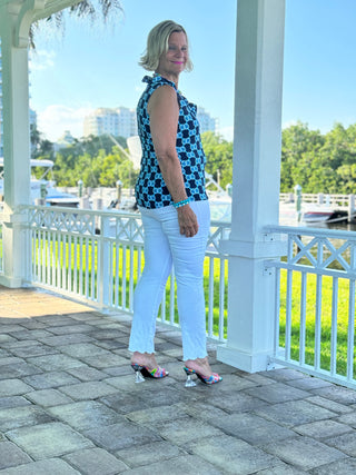 BLUE MEDALLION SLEEVELESS RUFFLE TOP