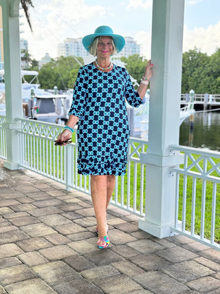 BLUE MEDALLION RUFFLE SLEEVE DRESS