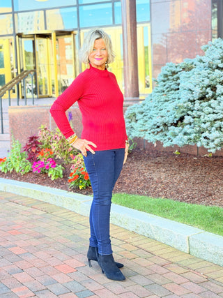 Ribbed Knit Mock Neck Sweater RED CHARLIE B