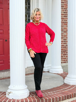 Women's Luster Chenille V-Neck Cable Sweater RED Cathys Place