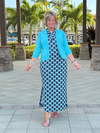 BLUE MEDALLION RUFFLE MAXI