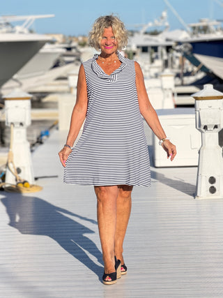 NAUTICAL NAVY SLEEVELESS RUFFLE DRESS LULU-B