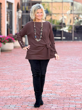Women's Rib Knit Boat Neck Side Tie Top WALNUT Cathys Place