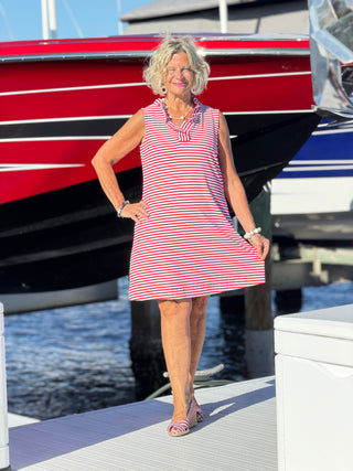 NAUTICAL RED SLEEVELESS RUFFLE DRESS LULU-B