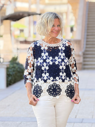 Cotton Crochet Flower Top- MARINE NAVY CHARLIE B