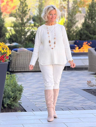 Women's  White Luster Chenille V-Neck Cable Sweater Cathys Place
