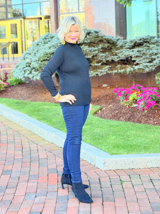 Basic Ribbed Knit Mock Neck Long Sleeve Sweater BLACK CHARLIE B
