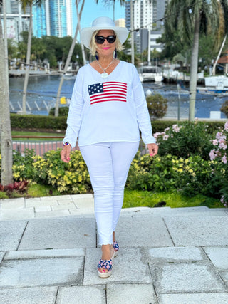 WHITE V NECK FLAG SWEATER