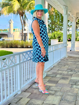 BLUE MEDALLION RUFFLE DRESS