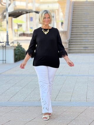 LULU-B BLACK SCOOP NECK FRINGE FANCY SWEATER LULU-B