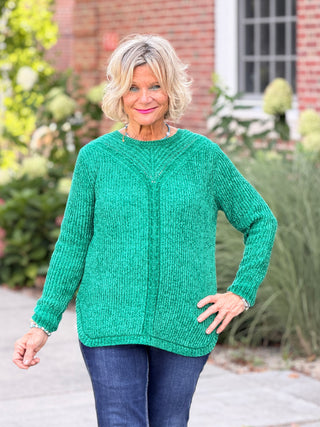 Women's Luster Chenille V-Neck Cable Sweater EMERALD Cathys Place