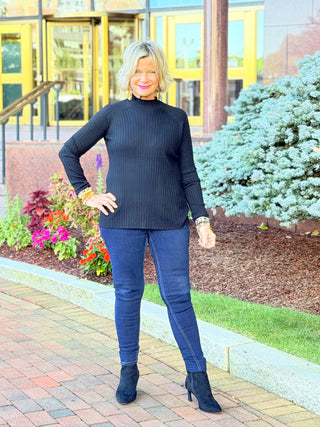 Basic Ribbed Knit Mock Neck Long Sleeve Sweater BLACK CHARLIE B