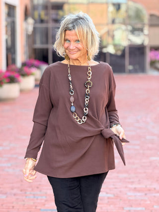Women's Rib Knit Boat Neck Side Tie Top WALNUT Cathys Place