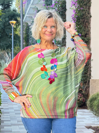 OLIVE Wavy Round Neck Knit Printed Sweater Cathys Place