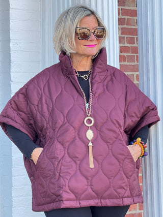Quilted Short Sleeves Puffer Pullover Poncho Burgundy