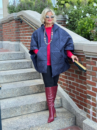 Oversize Quilted Puffer Hood Cape Poncho  NAVY